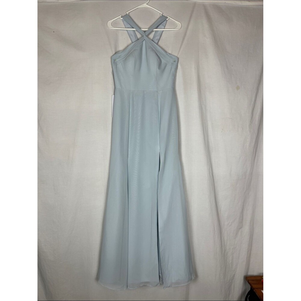 NWT Azazie Rue Mist Blue Pastel Maxi Formal Dress Apron Neckline